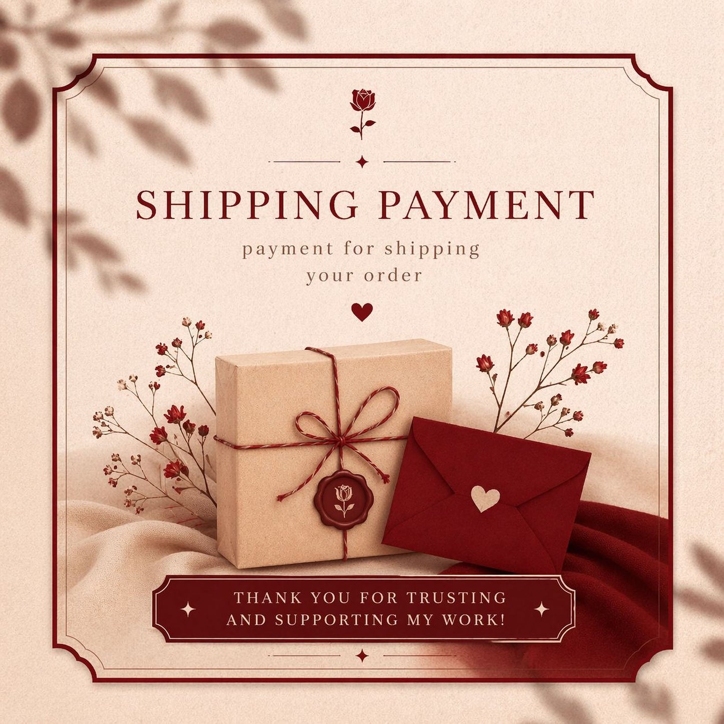 The image is a shipping payment advertisement featuring a brown box with a red ribbon, a red envelope with a heart, and some red flowers. The text on the image reads "Shipping Payment" and "Thank you for trusting and supporting my work!"