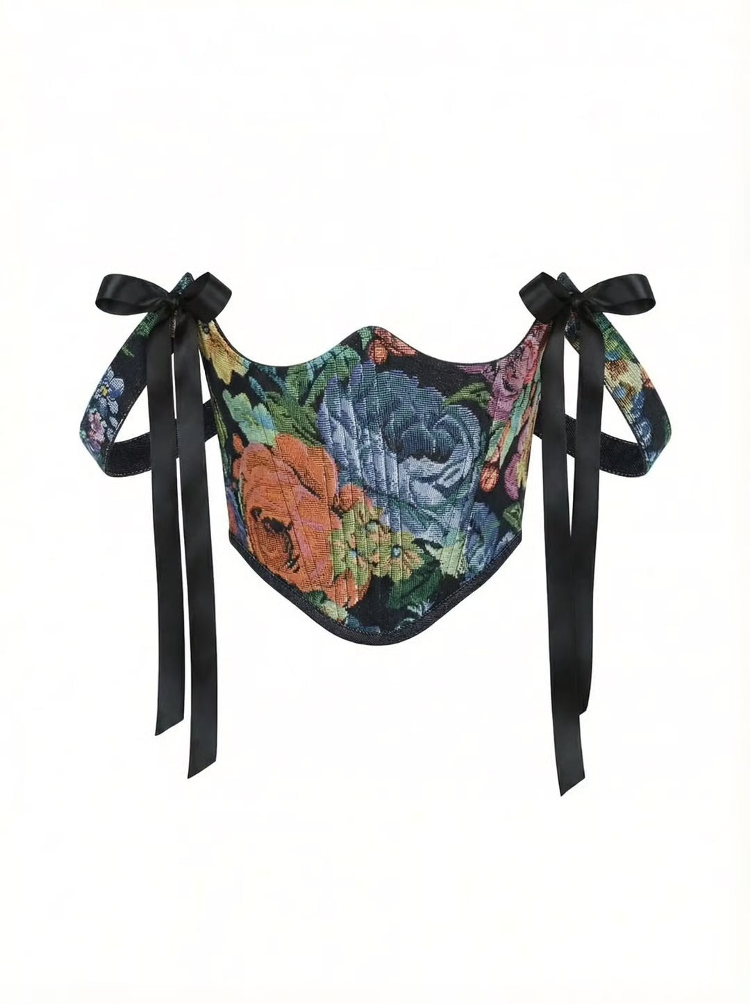 Black floral underbust corset with straps, structured boned bodice, lace up waist corset, dark tapestry floral design, ribbon shoulder detail, waist shaping silhouette, handmade custom size corset, gothic evening outfit, renaissance styling