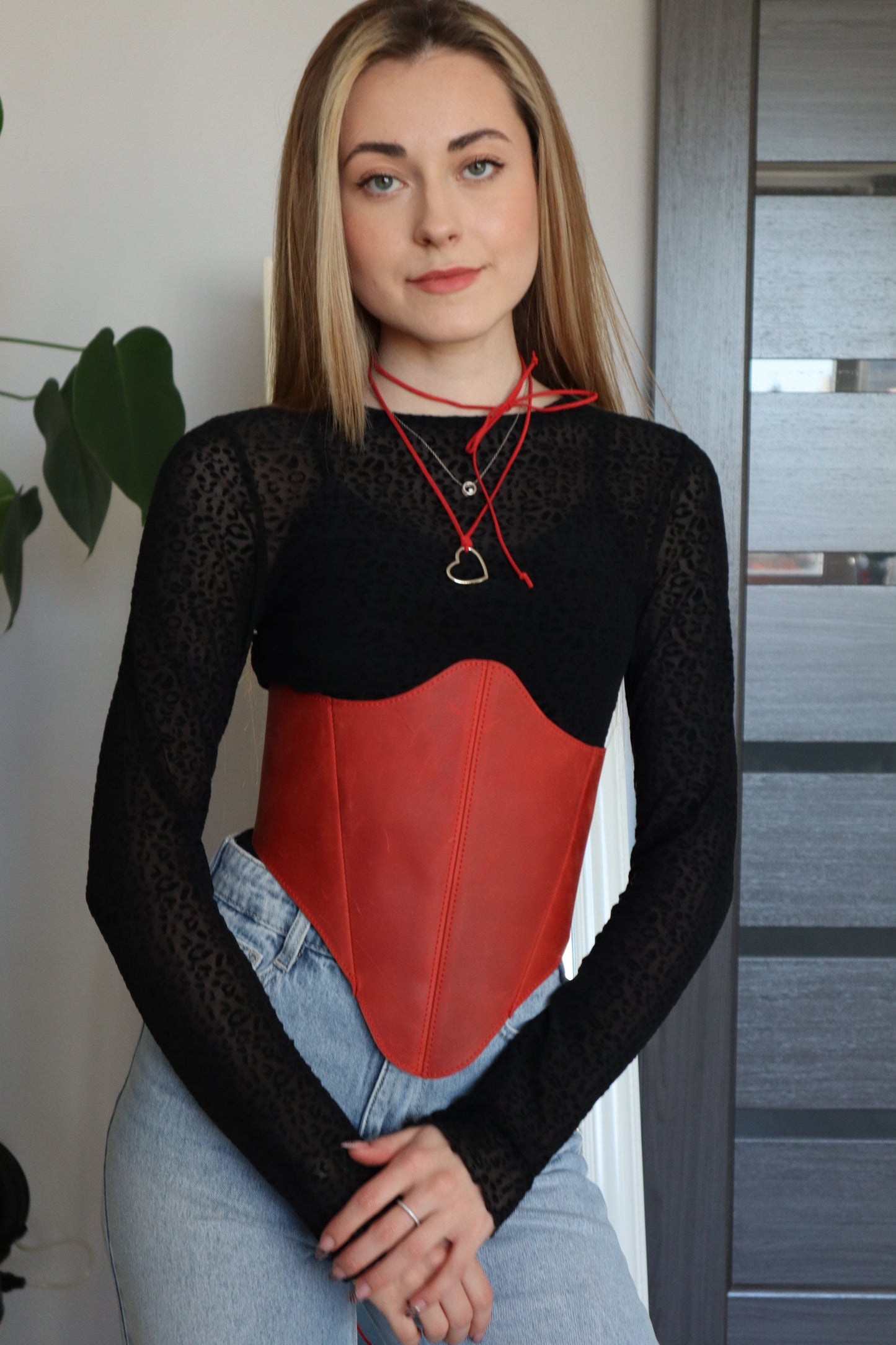 Leather long underbust corset belt