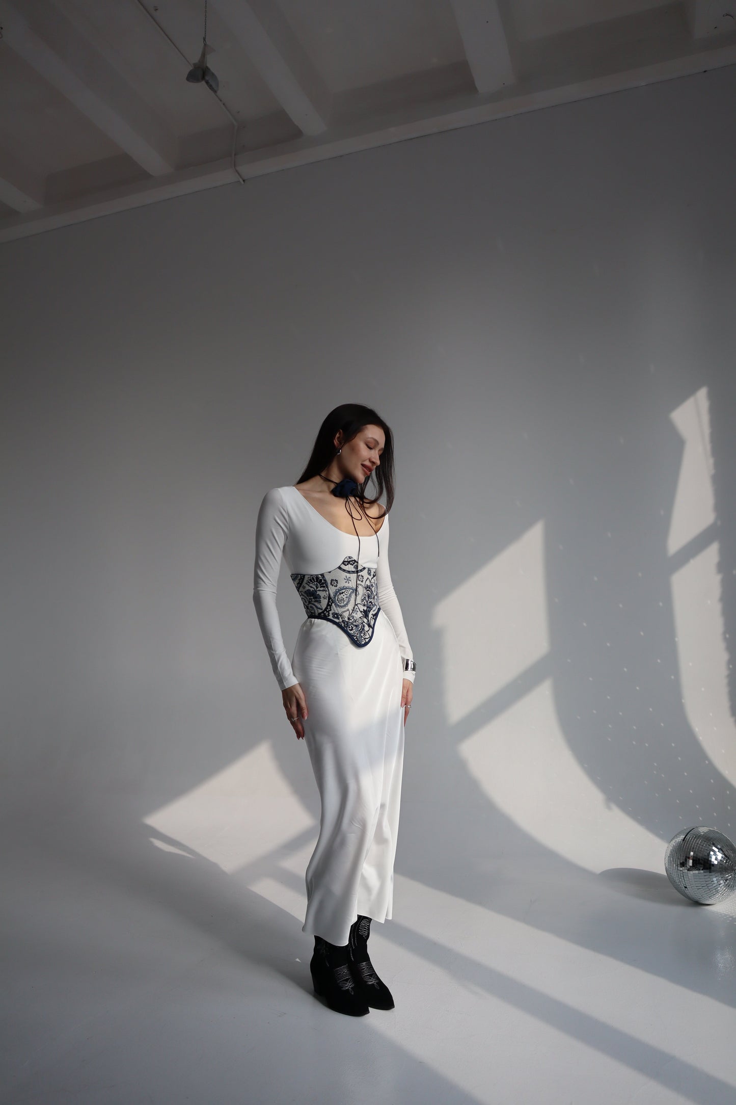 Double side denim underbust corset belt with bones