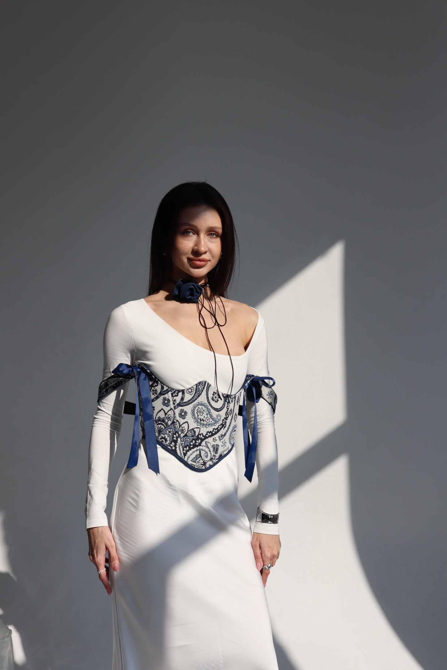 Double side denim underbust corset with bones