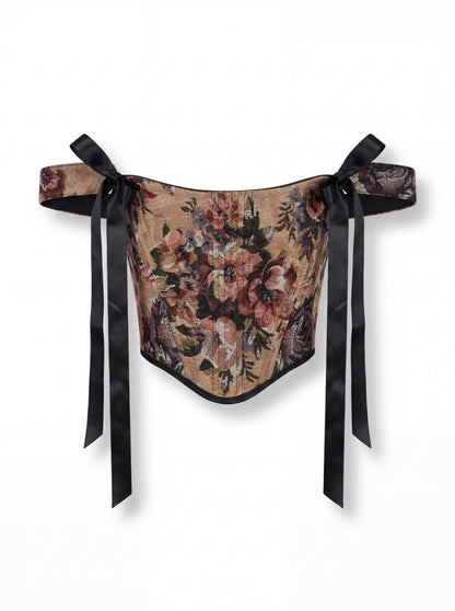 reversible renaissance corset top in floral jacquard front view on white background