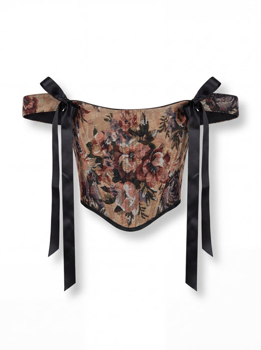 reversible renaissance corset top in floral jacquard front view on white background