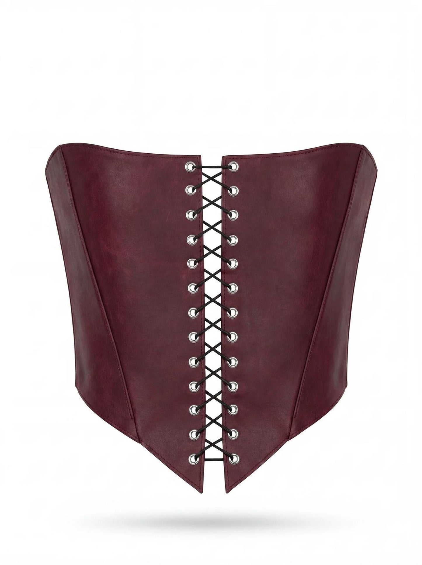 A burgundy corset with a lace-up design and a corset-style silhouette.