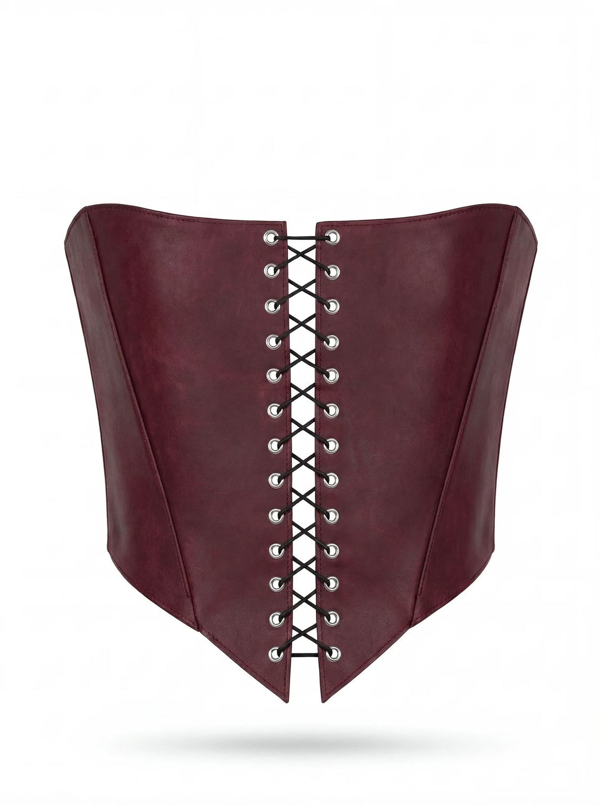A burgundy corset with a lace-up design and a corset-style silhouette.