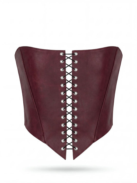 A burgundy corset with a lace-up design and a corset-style silhouette.