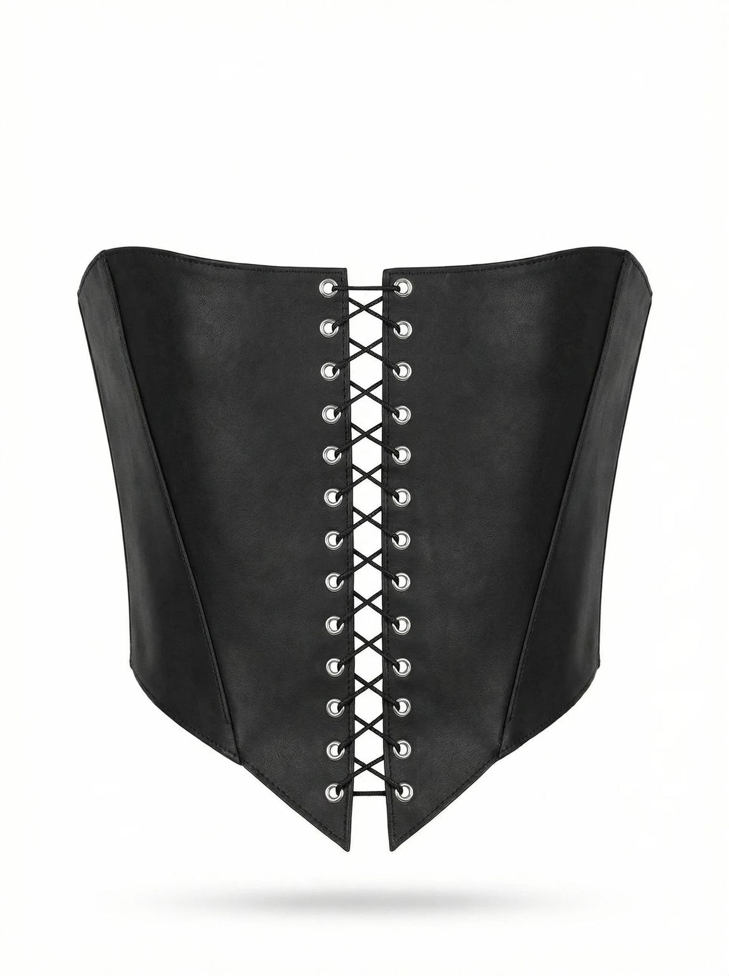 A black corset with a lace-up design and a corset-style silhouette.