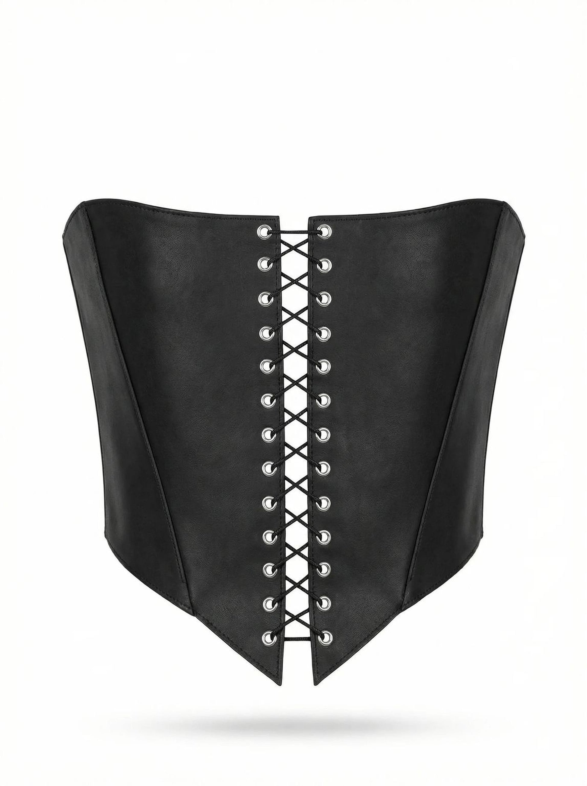 A black corset with a lace-up design and a corset-style silhouette.