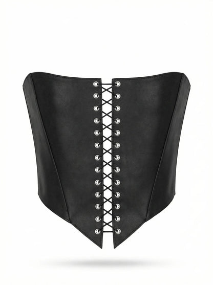 A black corset with a lace-up design and a corset-style silhouette.