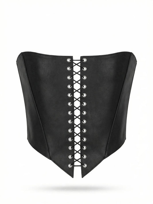 A black corset with a lace-up design and a corset-style silhouette.