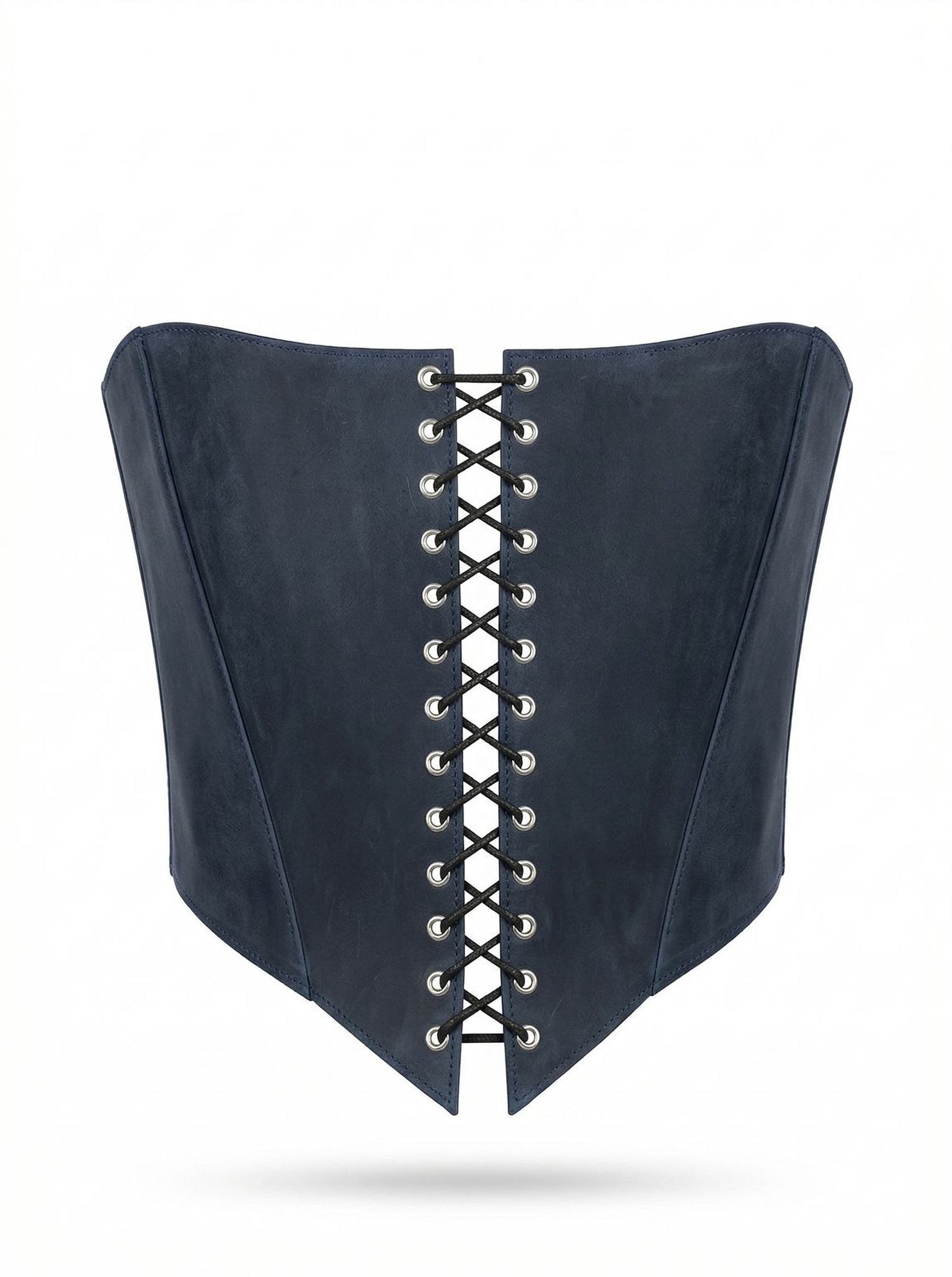 A black corset with a lace-up design and a corset-style silhouette.