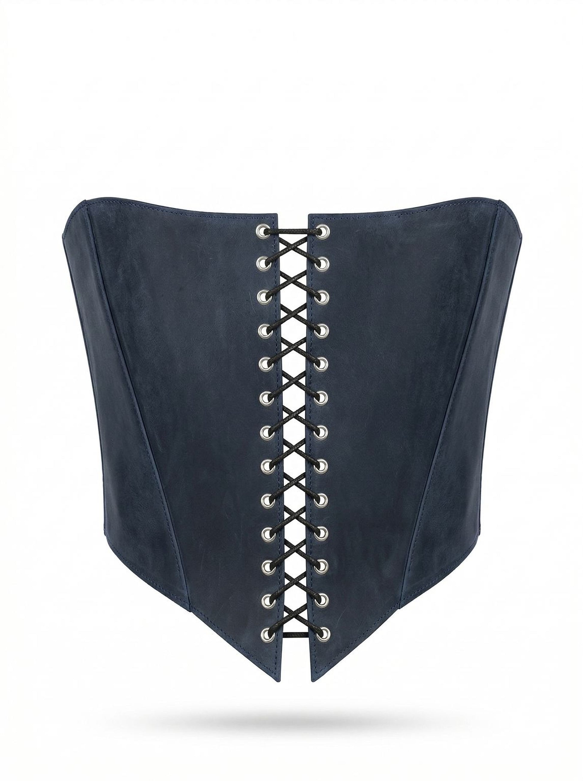 A black corset with a lace-up design and a corset-style silhouette.