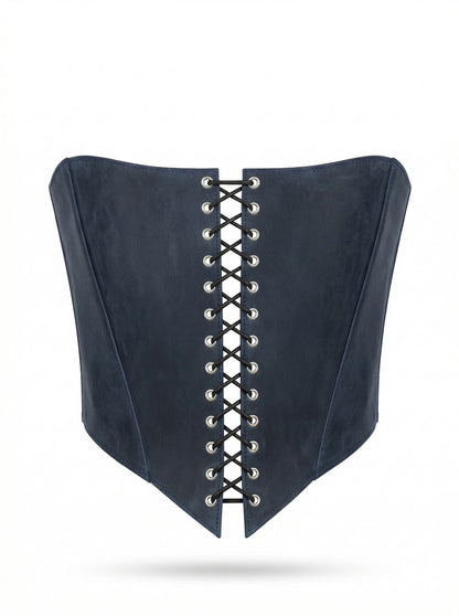 A black corset with a lace-up design and a corset-style silhouette.