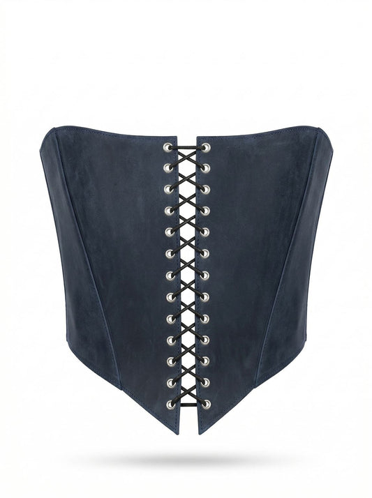 A black corset with a lace-up design and a corset-style silhouette.