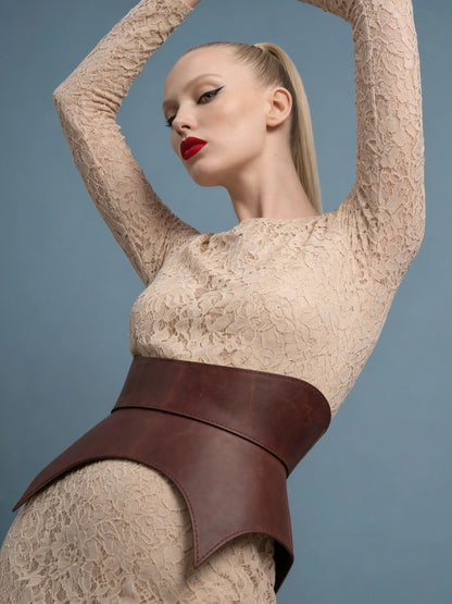 burgundy leather basque belt cutout peplum waist belt structured waist belt sculpted leather belt statement outfit styling elegant fashion waist belt