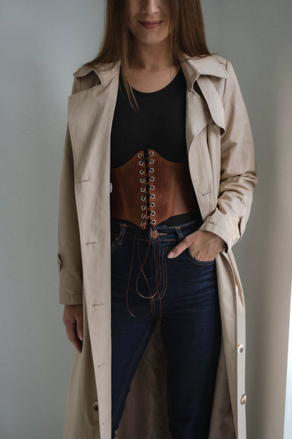 Cognac Leather underbust corset belt, waist wide corset