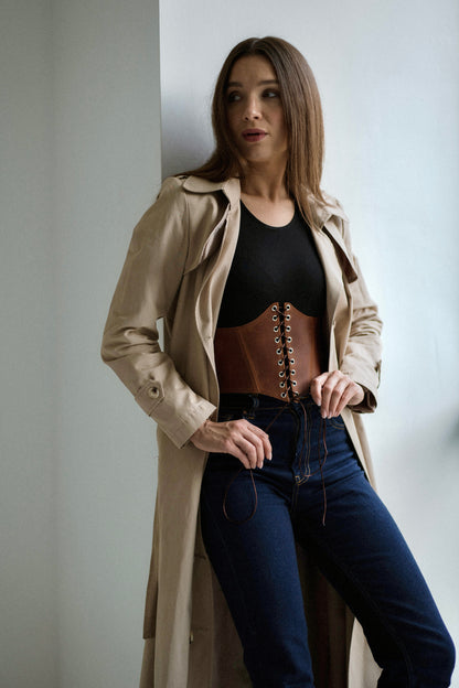 Cognac Leather underbust corset belt, waist wide corset