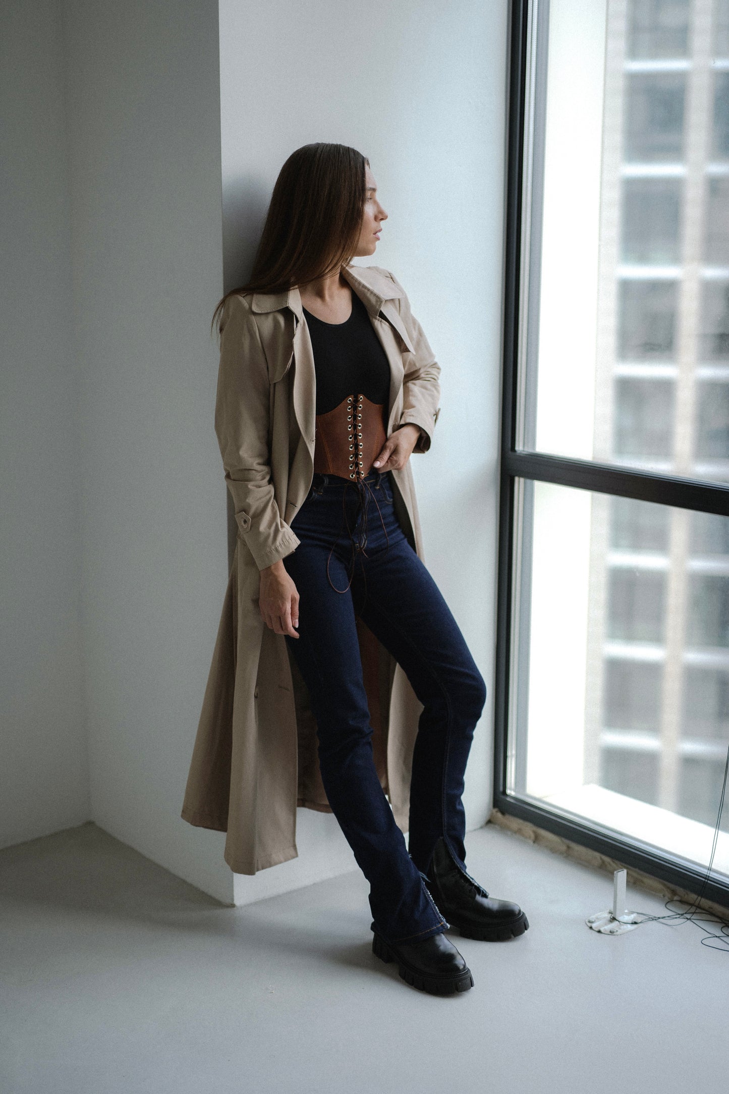 Cognac Leather underbust corset belt, waist wide corset