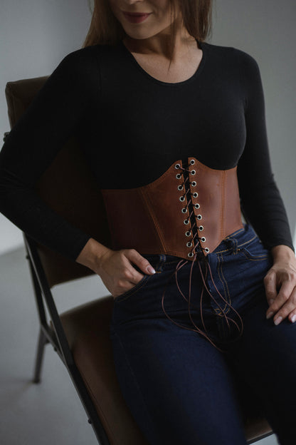 Cognac Leather underbust corset belt, waist wide corset