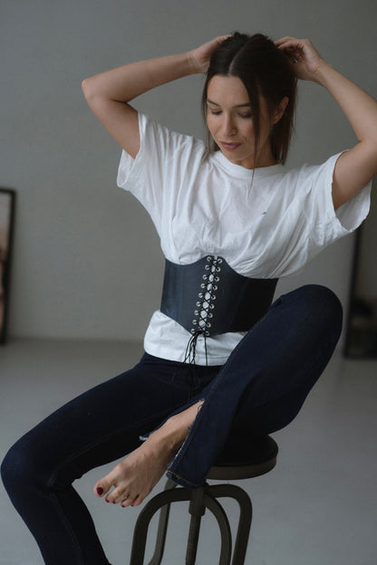 Blue Leather underbust corset belt, Renaissance outfit