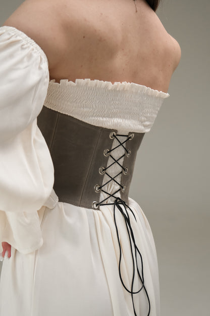 underbust leather corset, structured waist shaping corset belt, boned leather waist cincher, brown leather corset top, handmade fashion corset, sculpted silhouette, minimalist structured bodice