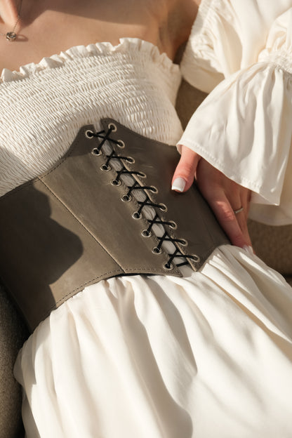 Gray Leather underbust corset belt, Renaissance outfit