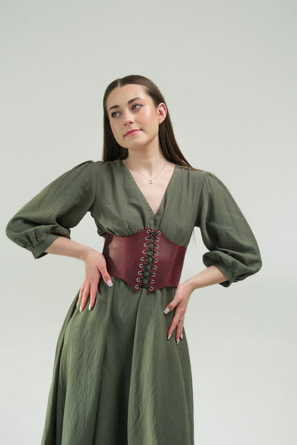 Burgundy Leather underbust corset belt, waist wide corset