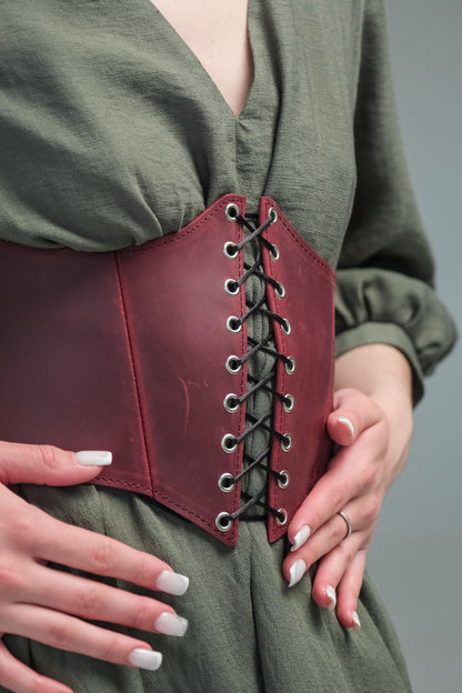 Burgundy Leather underbust corset belt, waist wide corset