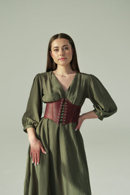 Burgundy Leather underbust corset belt, waist wide corset