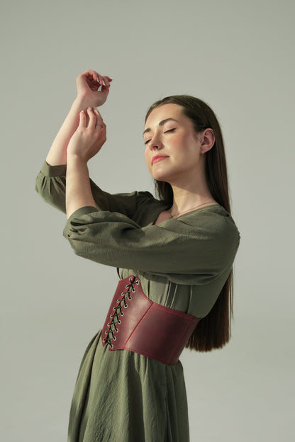 Burgundy Leather underbust corset belt, waist wide corset