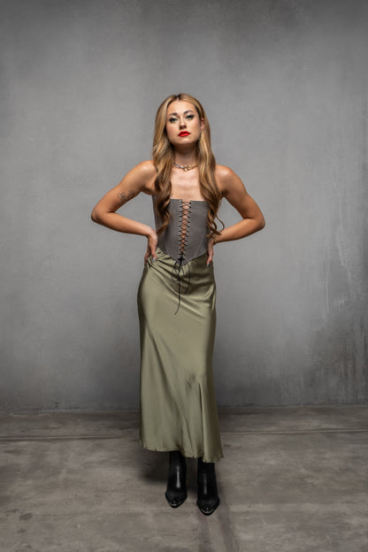 Gray Leather corset top, overbust corset for rave outfit