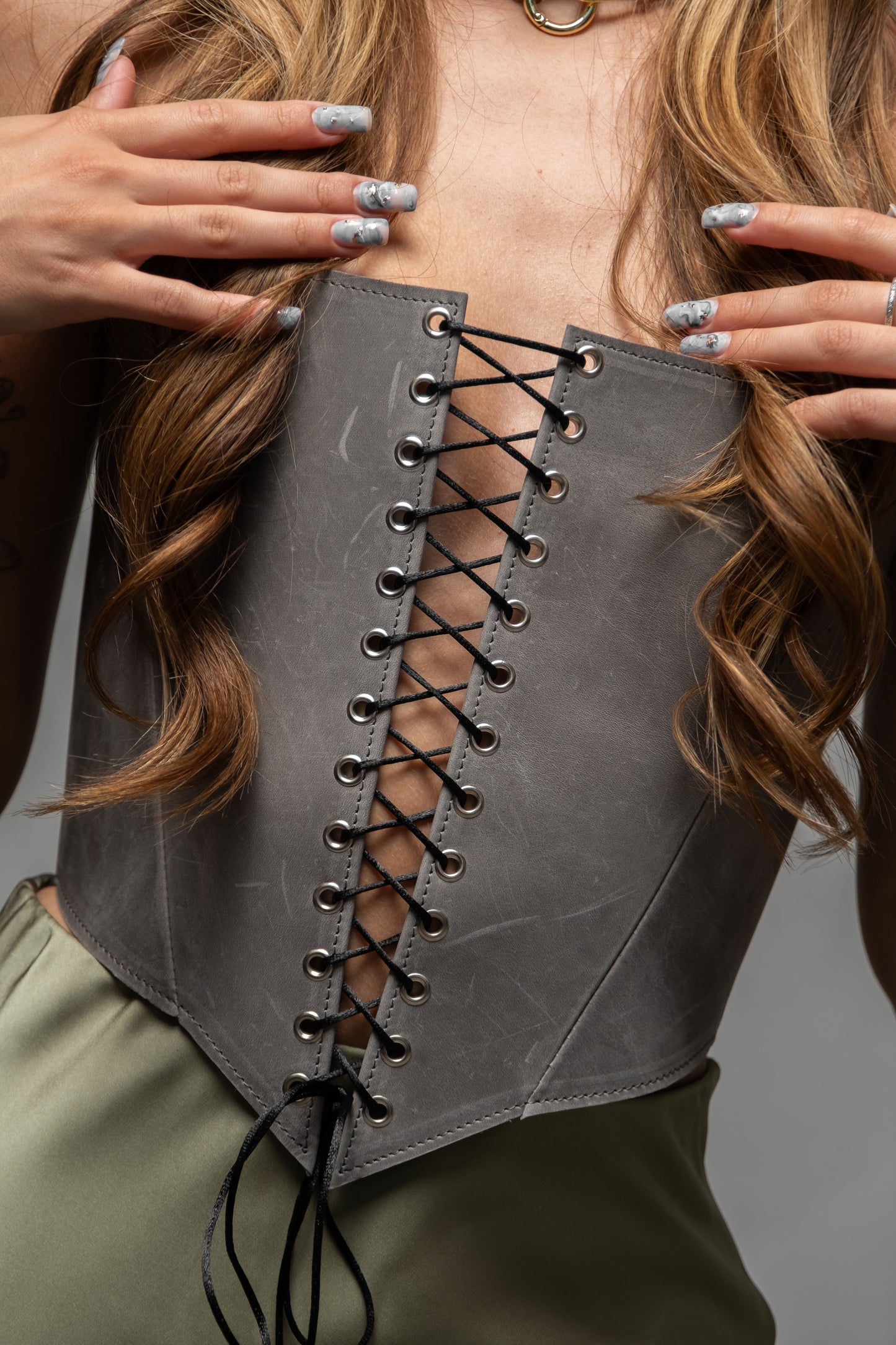 Gray Leather corset top, overbust corset for rave outfit