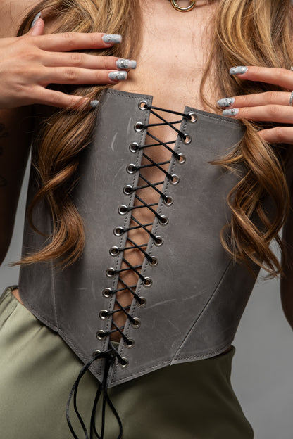 Gray Leather corset top, overbust corset for rave outfit
