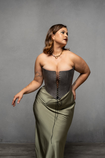 Gray Leather corset top, overbust corset for rave outfit