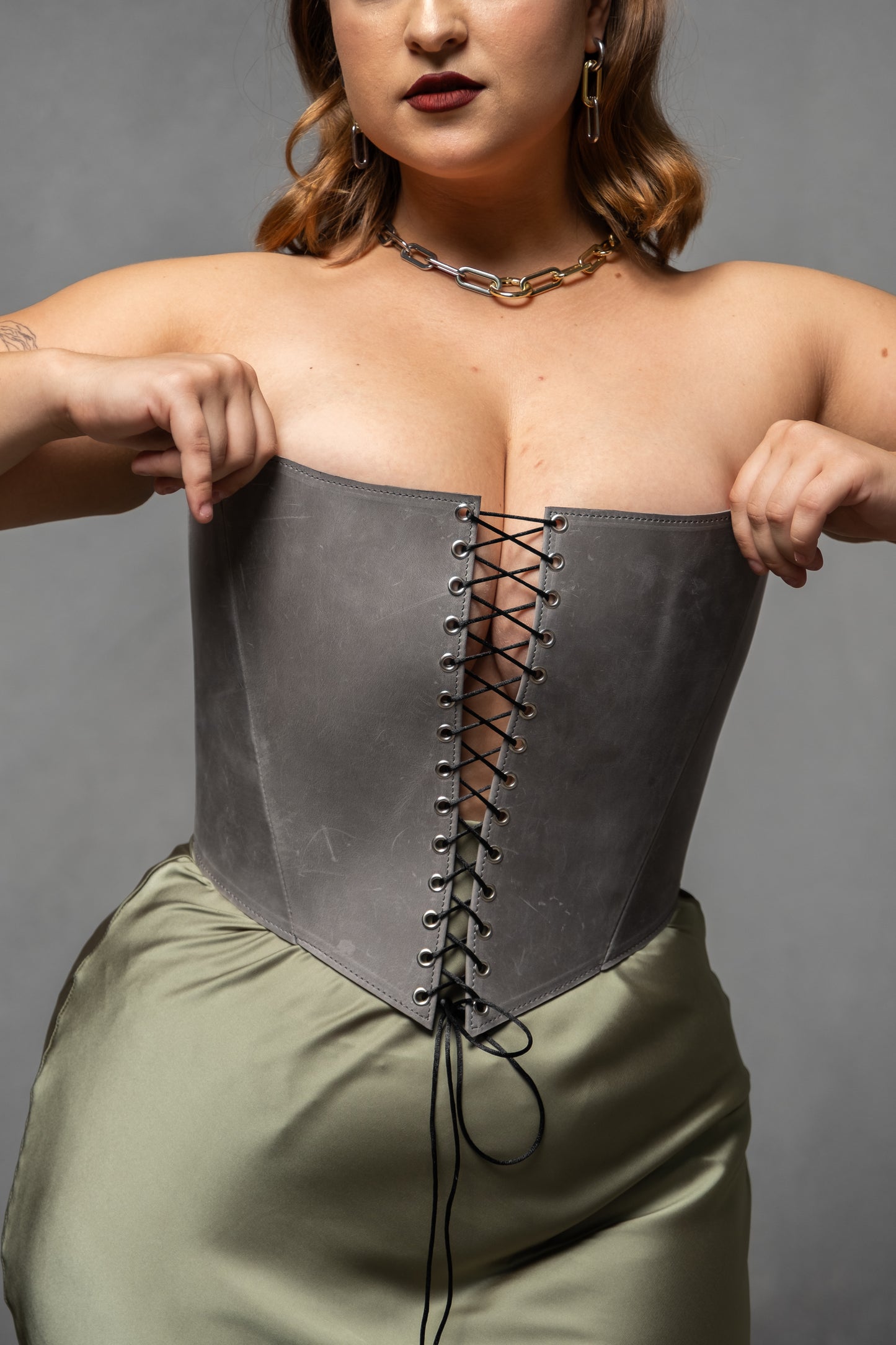 Gray Leather corset top, overbust corset for rave outfit