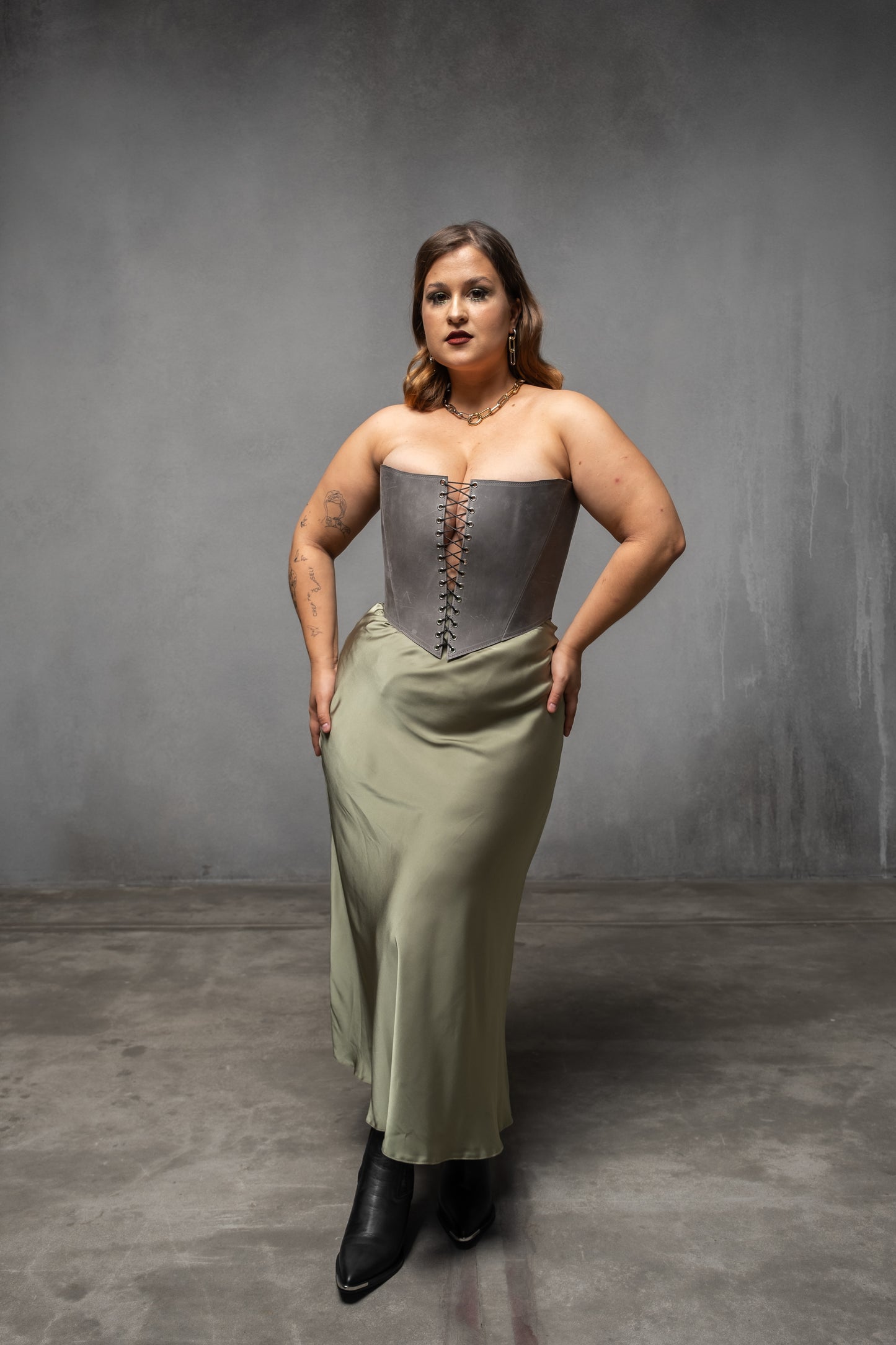 Gray Leather corset top, overbust corset for rave outfit