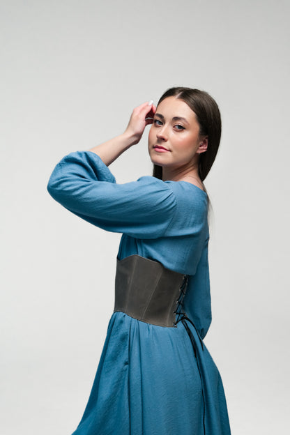 underbust leather corset, structured waist shaping corset belt, boned leather waist cincher, brown leather corset top, handmade fashion corset, sculpted silhouette, minimalist structured bodice