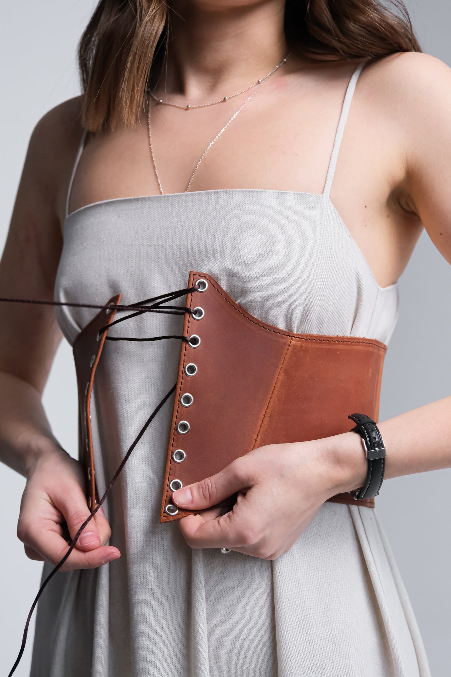 Cognac Leather underbust corset belt, waist wide corset