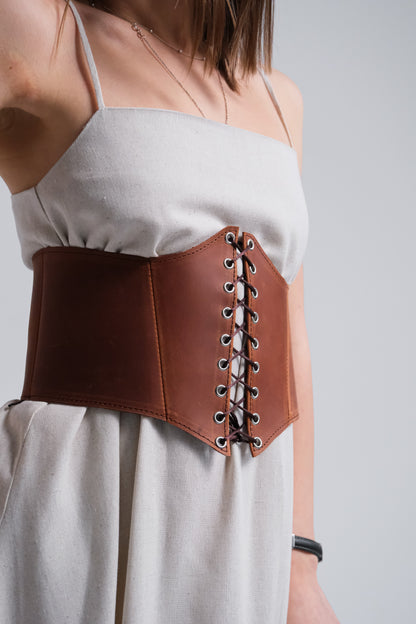 Cognac Leather underbust corset belt, waist wide corset