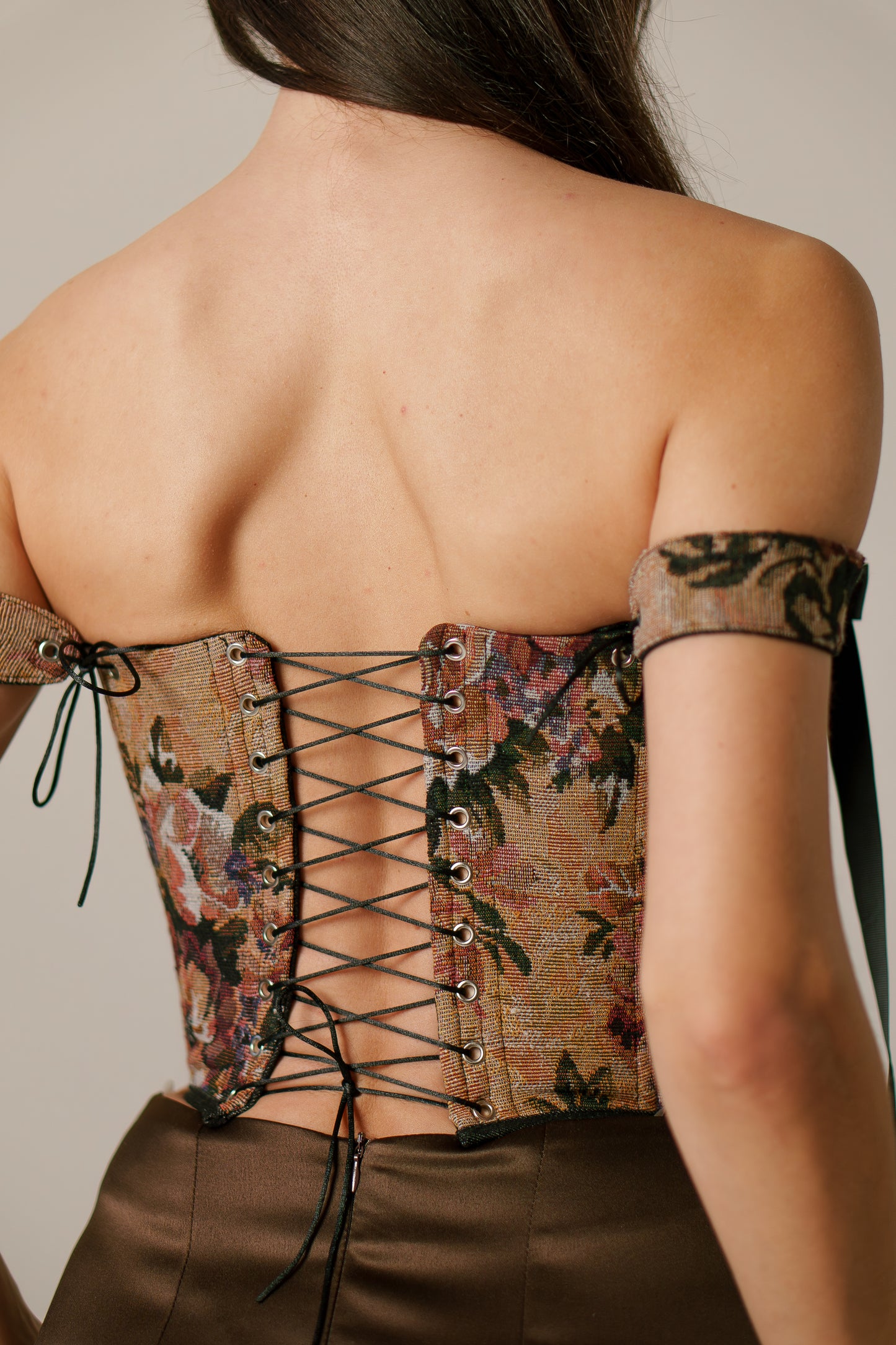 brown flowers corset top, reversible corset top, floral corset, brown floral corset, black denim corset, lace up corset, lace up front and back, boned bustier, structured corset top, jacquard corset top, adjustable corset top, vintage inspired corset, statement corset top