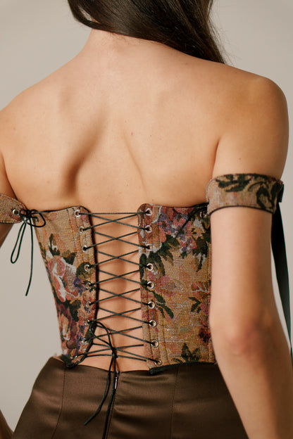 brown flowers corset top, reversible corset top, floral corset, brown floral corset, black denim corset, lace up corset, lace up front and back, boned bustier, structured corset top, jacquard corset top, adjustable corset top, vintage inspired corset, statement corset top