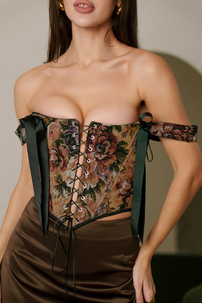 brown flowers corset top, reversible corset top, floral corset, brown floral corset, black denim corset, lace up corset, lace up front and back, boned bustier, structured corset top, jacquard corset top, adjustable corset top, vintage inspired corset, statement corset top