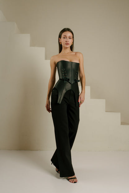 Black Leather Peplum Basque Belt – Structured Waist Corset Belt