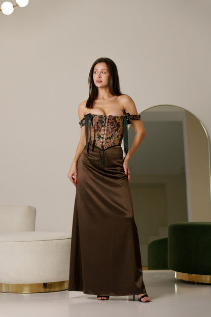 brown flowers corset top, reversible corset top, floral corset, brown floral corset, black denim corset, lace up corset, lace up front and back, boned bustier, structured corset top, jacquard corset top, adjustable corset top, vintage inspired corset, statement corset top