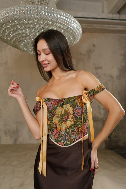 Khaki floral corset top, structured boned bodice, reversible lace up corset, off shoulder ribbon straps, waist shaping silhouette, handmade custom size corset, renaissance fair outfit, vintage botanical tapestry top, festival or evening styling
