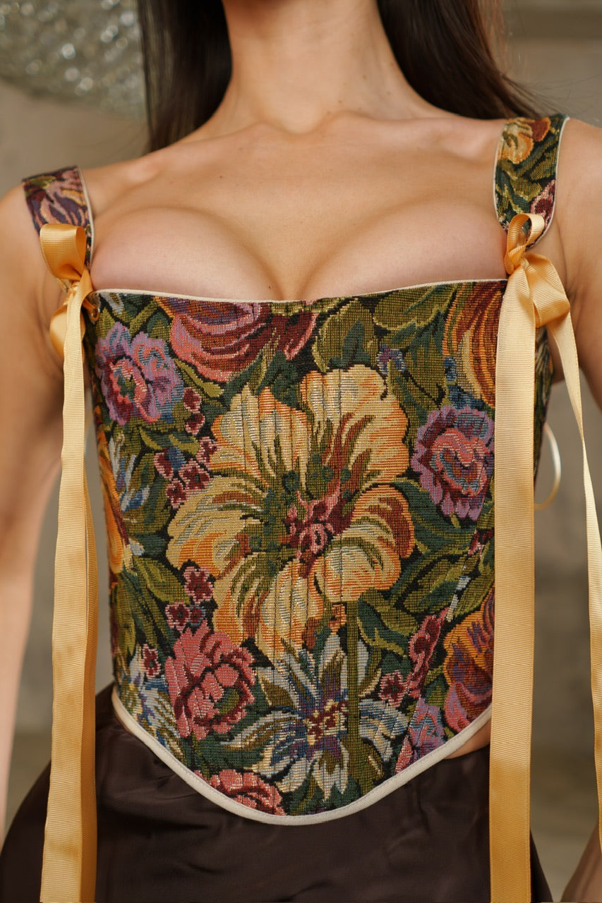 Khaki floral corset top, structured boned bodice, reversible lace up corset, off shoulder ribbon straps, waist shaping silhouette, handmade custom size corset, renaissance fair outfit, vintage botanical tapestry top, festival or evening styling
