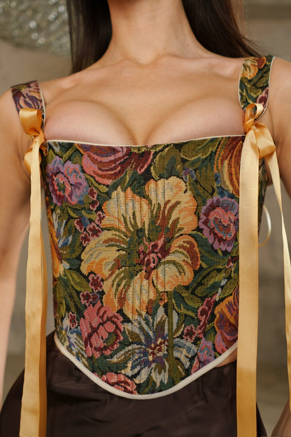 Khaki floral corset top, structured boned bodice, reversible lace up corset, off shoulder ribbon straps, waist shaping silhouette, handmade custom size corset, renaissance fair outfit, vintage botanical tapestry top, festival or evening styling
