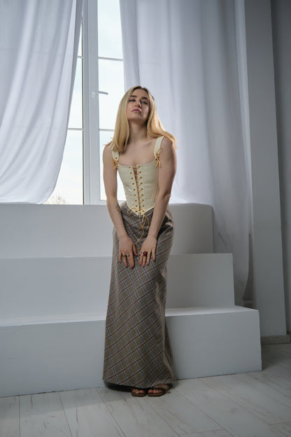 Reversible red floral corset top with lace-up front and back, structured boned bustier with jacquard fabric and adjustable fit, available with red or beige back panel