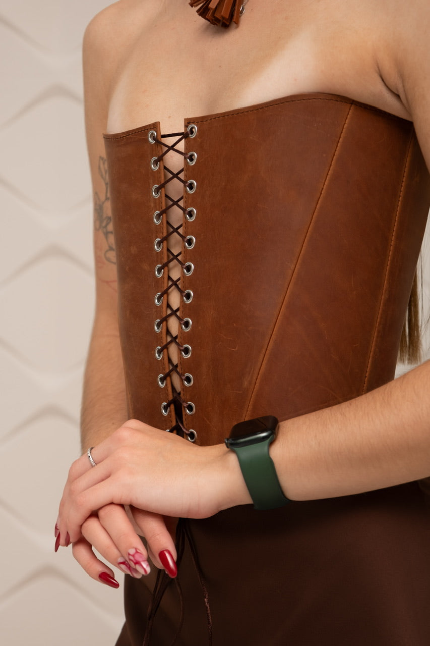 Cognac Leather corset top, overbust corset for rave outfit