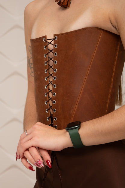 Cognac Leather corset top, overbust corset for rave outfit